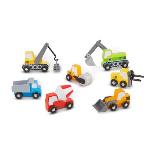 Image of Melissa & Doug Wooden Construction Site Vehicles With Wooden Storage Tray (8 pcs) - Vehicle Toys, Cars For Toddlers And Kids Ages 3+