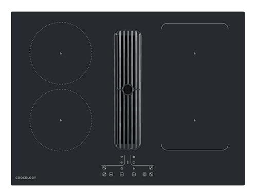 Image of Cookology CIDD700/1A 70cm Induction Hob with Built-In Ventilation, 4-Zone Electric Cooktop with Bridged Zone, 7335W Power, Integrated Extractor, Touch Controls, Black Glass