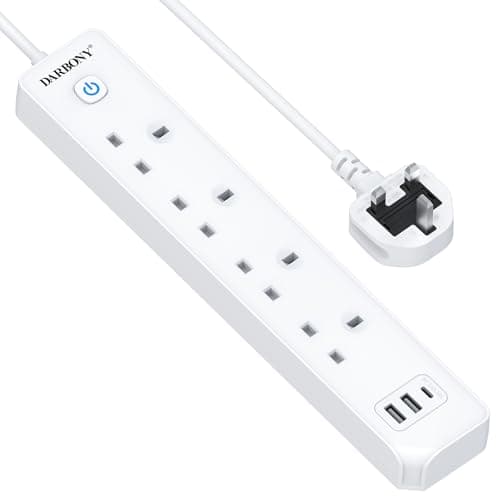 Image of Extension Lead with USB Slots, 4 Way 3 USB Multi Plug Extension Socket with USB C, 3250W 13A 1.8M Extension Cable Cord Wall Mountable Overload Protection Power Strip with Switch, White