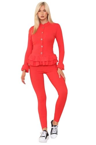 Image of FAOZO® Women’s Ribbed Peplum Frill Gold Button Top and Legging Loungewear Suit, Ladies 2 PCS Activewear Yoga Tracksuit Set (Red, 8-14)
