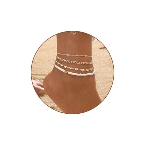 Image of Elegant Gold Layered Anklet for Women, 4-Layer Heart Charm & White Beaded Ankle Bracelet, Dainty Summer Beach Foot Jewellery, Adjustable Boho Chain Anklet for Holiday & Everyday Wear