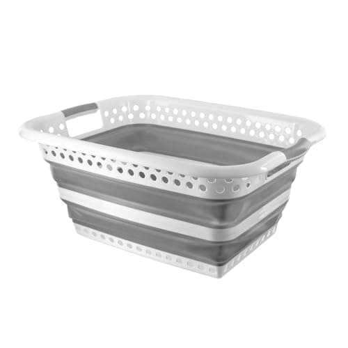 Image of HOMESHOPA Collapsible Plastic Laundry Basket, 35 Litre Foldable Pop Up Storage Container/Organiser with Non Slip Handle, Portable Washing Tub, Space Saving Bucket/Hamper for Washing Clothing, Grey