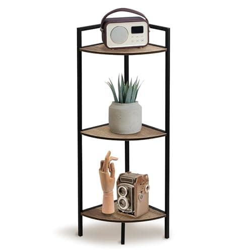 Image of GEEZY 3 Tier Corner Shelf Unit - Brown Oak Finish with Black Metal Frame, Freestanding Storage, Display Stand - Wooden Corner Unit for Living Room, Bedroom, Bathroom, Office, Utility Spaces