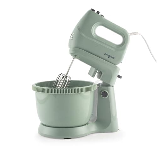 Image of Progress Neutrals 2-in-1 Stand & Hand Mixer - Dual Purpose, 5 Speed Settings & Turbo Function, With 2 Mixing Beaters, 2 Dough Hooks, Mixing Bowl, Baking, Cookies, Bread, Sage Green, 300W