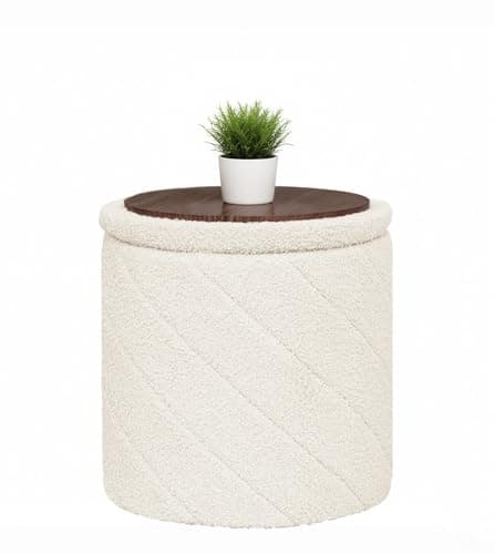 Image of Bonlife Round Ottoman Stool with Storage, Folding Footstool with Lid,Boucle Vanity Stool for Living Room,Bedroom,Entryway,Cream,33x33x35cm