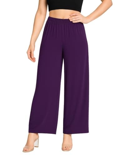 Image of STAR FASHION Long Palazzo Trousers for Women's Flared Wide Leg Palazzo Full Length Plain Ladies Elasticated Stretchy Trouser Pants Purple 16-18
