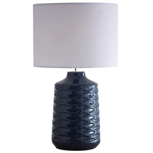 Image of Britalia Blue Ceramic Table Lamp, Geometric Ripple Pattern, White Linen Shade, 43cm Height
