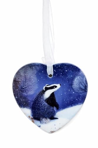 Image of Ceramic Heart Ornament – Badger Winter Scene • Handcrafted Woodland Decor • Wildlife Gift • Countryside Nature Hanging Decoration • Christmas Keepsake • Ready to Gift