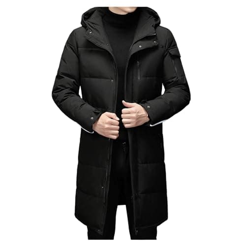 Image of Men's Down Coat Thickened Knee-length Solid Color Hooded Jacket Zip Up Winter Puffer Jacket