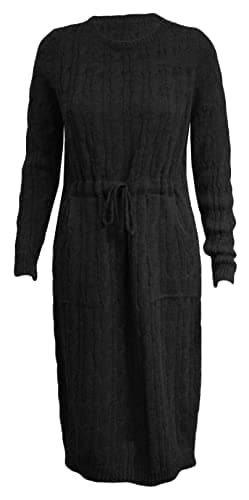 Image of Top Fashion18 Ladies Cable Knitted Long Sleeve Pocket Tie Up Casual Cable Jumper Midi Dress Size 8-16 Black