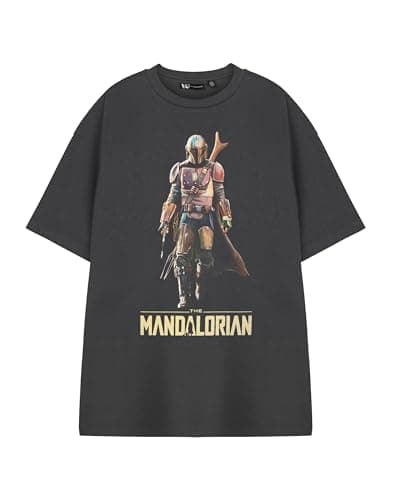Image of Star Wars Mens Grey Short Sleeved T-Shirt | The Mandalorian Graphic Tee | Classic Sci-Fi Apparel | Boba Fett Darth Vader Luke Skywalker Movie Merchandise Gift