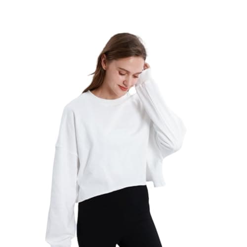 Image of Amazhiyu Oversized Sweatshirt Women Cropped Hoodie, Loose Fit Crewneck Long Sleeve Tops for Fall Spring White L