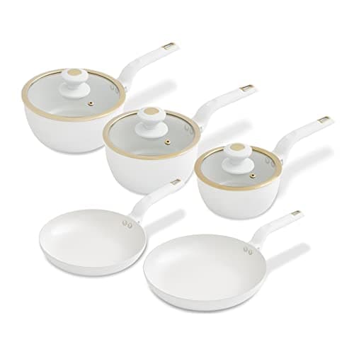Image of Tower T800232WHT Cavaletto 5 Piece Cookware Pan Set with 16cm, 18cm, 20cm Saucepans and 24cm, 28cm Non-Stick Frying Pans, White & Champagne Gold