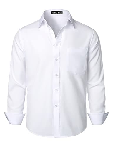Image of PARKLEES Men's Regular Fit Dress Shirt Solid Wrinkle-Free Long Sleeve Casual Business Button Up Shirts with Pocket PZSSCL05-White XXL