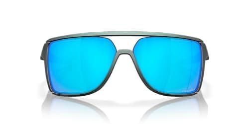 Image of Oakley Men's Oo9147 Castel Sunglasses, Matte Silver/Blue Colorshift/Prizm Sapphire, 63 mm