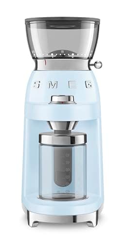 Image of Smeg CGF03PBUK 50's Style Electric Coffee Grinder, Features a Conical Burr, 30 Bean Grinding Levels, Pastel Blue
