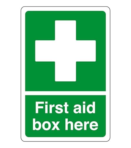 Image of First aid box here - safety sign - AED sign, first aid stickers, first aid kit - 1.2mm Rigid plastic for indoor/outdoor usage (150mm x 100mm) Viewing Distance within 3m.