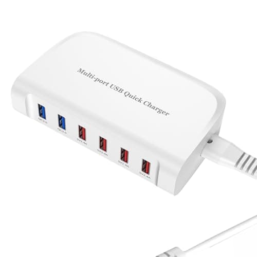 Image of USB fast charger, 6-port portable charging station, suitable for various devices, compatible with iPhone, iPad, Samsung, Google, Xiaomi, Huawei and other USB charging devices