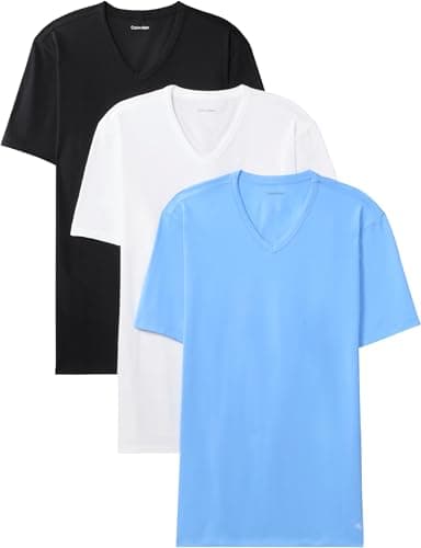 Image of Calvin Klein Men's S/S V Neck 3Pk Lv00Nb4186 S/S T-Shirt, Blue (Black W Blue Descent EMB/Blue DESCE), L