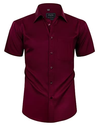 Image of siliteelon Mens Shirts Short Sleeve Stretch Dress Regular Fit Casual Business Summer Shirt with Pocket Burgundy M