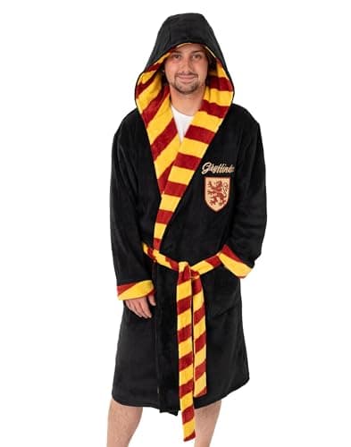 Image of Harry Potter Gryffindor Unisex Black Hooded Bathrobe | Cosy Fleece Long Sleeve Loungewear for Relaxation | Movie House Merch Merch - Medium