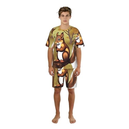 Image of SXZVVBN Nut-eating squirrel Men's Short Sleeve Pyjamas Set Summer Breathable Lightweight Lounge Sleepwear with Shorts & Pockets Black