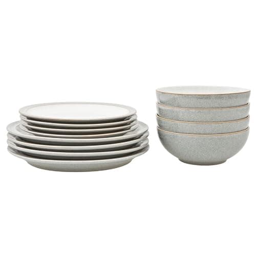 Image of Denby - Elements Light Grey Dinner Set For 4 - 12 Piece Ceramic Stoneware Tableware Plate & Bowl Set - Dishwasher Microwave Safe Crockery - 4 x Dinner Plates, Medium Plates, Cereal Bowls