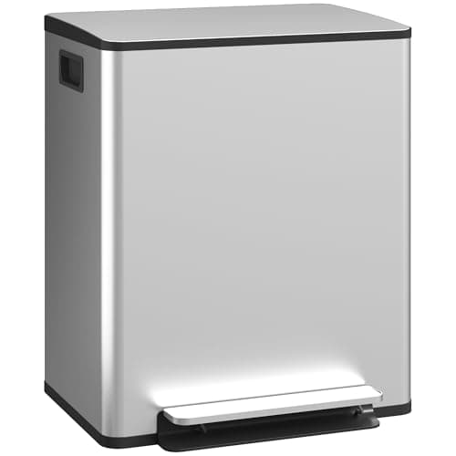 Image of HOMCOM Dual Kitchen Bin, 2 x 25L Stainless Steel Double Pedal Bin with Soft-Close Lid, Removable Inner Buckets and Handles for Recycling and Waste, Silver