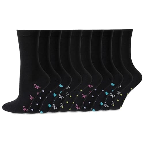 Image of Socksmad 10-Pair Womens Black Socks Multipack Size 4-7, Crew Style with Fun Heart & Bow Pattern, Soft, Breathable Cotton for All-Day Comfort, Perfect for Work, Casual Wear & Gifting, Styled in England