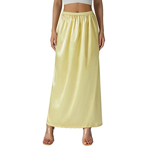 Image of Edhomenn Women's Satin Half Slips Solid Color Long Underskirt Elastic Waist Inner Lining Midi Skirt Y2k Ladies Petticoats Under Dresses (03 Light Yellow, M)