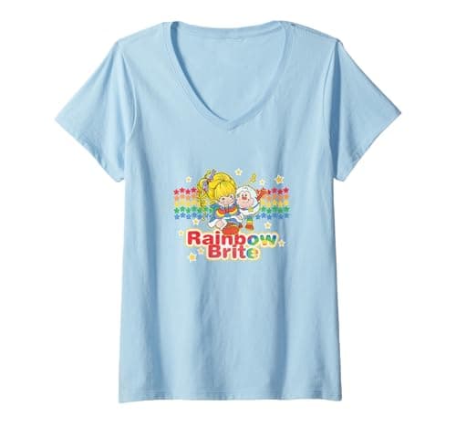 Image of Womens Rainbow Brite & Sprite Vintage Star Stripes Distressed Logo V-Neck T-Shirt