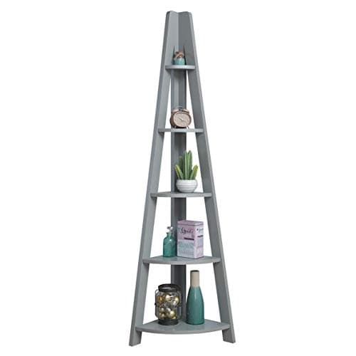 Image of Timber Art Design UK Riva 5 Tier Bookcase Retro Ladder Bookcase Shelving Unit Wooden Bookshelf Organizer for Modern Living Room, Office Space Scandinavian, Grey - W38.6 x H175.4 x D38.6 cm