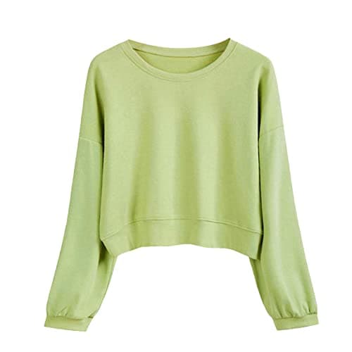 Image of Women's Sweatshirts Women's Solid Color Round Neck Casual Long Sleeve Cropped Sweater Top (Green, L)