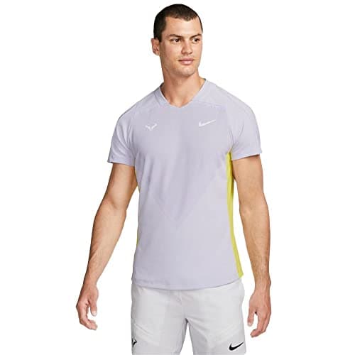 Image of NIKE Court Dri Fit Advantage Rafa Short Sleeve T-Shirt for Men, Violet Frost / Yellow Strike / White, M