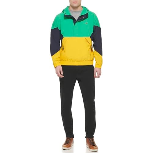 Image of Tommy Hilfiger Men's Retro Lightweight Taslan Hooded Popover Water Resistant Windbreaker Jacket, Aqua Green/Navy/Yellow, Medium