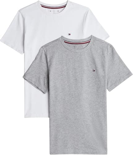 Image of Tommy Hilfiger Kids’ Unisex 2 Pack Short Sleeve Round Neck T-Shirts, Multicolor (White/Light Grey Heather), 8-10 Years