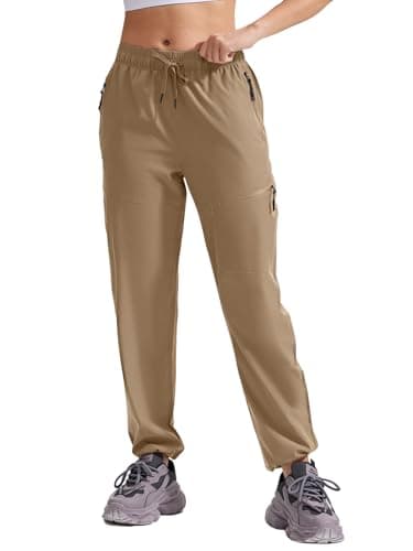 Image of ZENGVEE Water Repellent Trousers Ladies Waterproof Lightweight Quick Dry Stretch Casual Trousers for Women UK Cargo Pants -C9330-Khaki-M