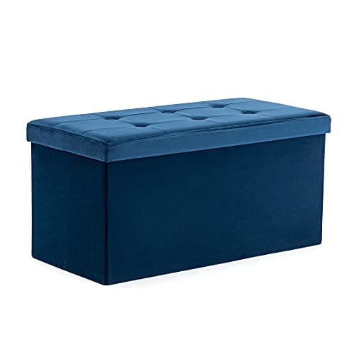 Image of HNNHOME Storage Ottoman with Lid - 82 x 40 x 40 cm, Foldable Footstool with 109L Capacity, Velvet Blanket Box Chest, Bedroom Bench, Living Room (Navy, Large)