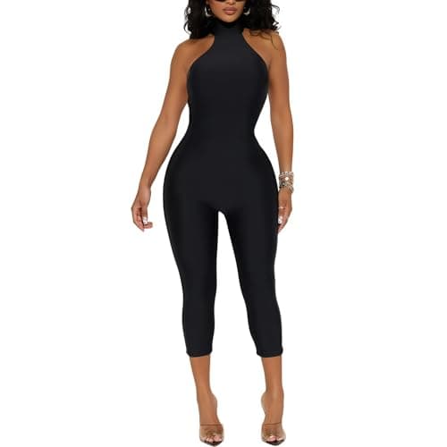 Image of One Piece Jumpsuit for Women, Sleeveless Halter Neck Twist Back Bodycon Rompers, Solid Backless Short Bodysuit for Party Club Outfits Going Out, Stretchy Seamless Playsuits for Yoga Workout Fitness