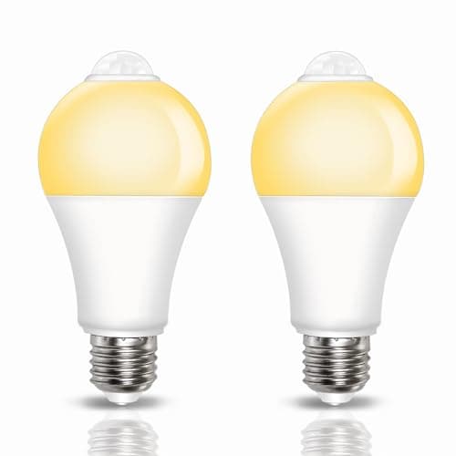 Image of Caldarax PIR Motion Sensor LED Bulbs E27 9W, Warm White 3000K, Equivalent 60W, E27 Screw, Auto On/Off Motion Sensor Light Bulbs for Front Door, Garage, Stairs, Hallway, Basement, 2 Pack