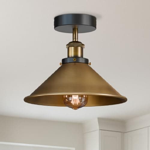 Image of LEDSone Vintage Industrial Ceiling Light Semi Flush Mount E27 Metal 22cm Yellow Brass Cone Shade Ceiling Lamp for Kitchen Dining Room Hallway Living Room with Bulb