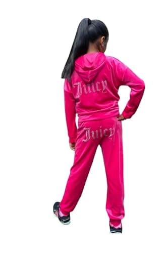 Image of J5fashion Kids Velour Cuffed Leg Tracksuit with Studded Print, Zipped Jacket and Leggings (UK, Age, 9 Years, 10 Years, Regular, Hot Pink)