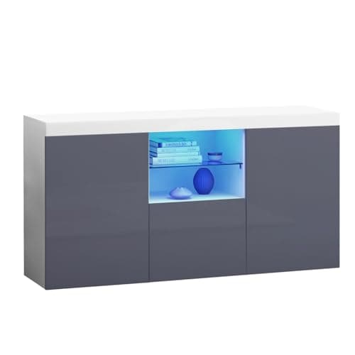 Image of Panana Modern Hight Gloss Front Livingroom Cabinet with 3 Door, RBG LED Cupboard Sideboard Display Storage TV Unit Stand (Grey)