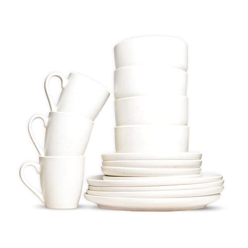 Image of ROYALFORD 16 Piece Stoneware Dinnerware Set | Microwave, Dishwasher & Freezer Safe Durable Crockery Set | Includes Dinner & Dessert Plates Cereal Bowl & Mugs | Kitchen Dinner Set for 4 People White