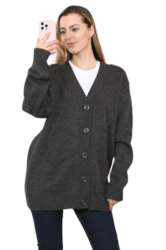 Image of Womens Grandad Cardigan, Ladies Plain V Neck Long Sleeve Open Front 5 Button Longline Oversized with 2 Front Pockets Knitted Sweater UK Plus Size 8-26, (Charcoal - 24-26)