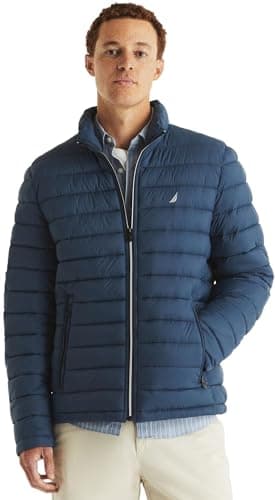 Image of Nautica Men's Reversible Quilted Puffer Jacket –Midweight Mechanical Stretch Winter Coat, Lapis Blue, XXL