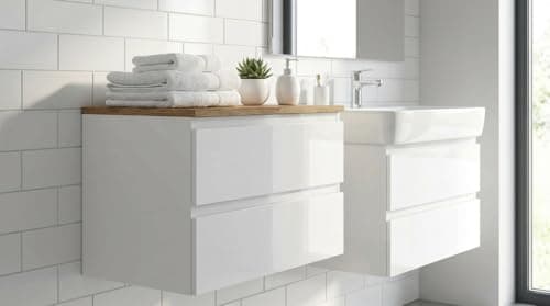Image of TRANS - PAL Bathroom Furniture Vanity Unit Basin Sink Wall Hung Mounted Soft Close Drawers Storage Cabinet 2 Drawer Ceramic Basin Countertop (Gloss white, 800 mm)