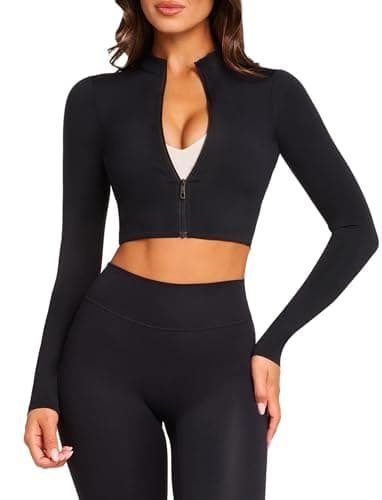 Image of TZLDN Women Gym Top Long Sleeve Sport Jacets Crop Running Tops Zip Up Yoga Workout Tops Activewear Gym Wear Fall Black M