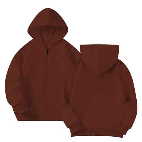 Image of Yufennie Kids Fleece Classic Full Zip Up Hooded Zipper Top for Boys & Girls 11-12 Years Coffee Brown