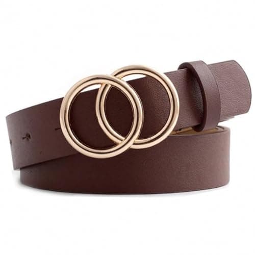 Image of JILLICK Dark Brown Matte Leather Womens Belt with Gold Double-Ring Buckle - Adjustable Skinny Strap for Jeans, Dresses, High-Waist Trousers and Skirts, Versatile Fashion Accessory
